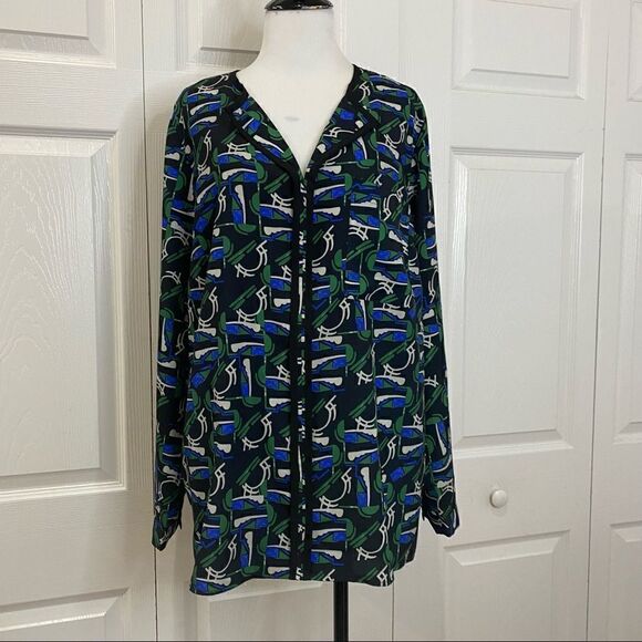 Eloquii Green Blue Black Abstract Pattern Long Sleeve Blouse - Picture 1 of 12